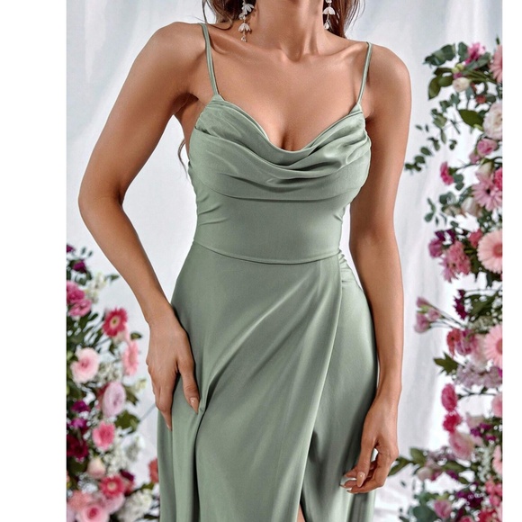 Luxe Satin Draped Party Formal Prom Wedding maxi Dress - Picture 2 of 7